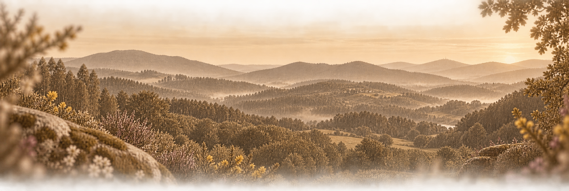 Paisaxe galega ilustrada con montes, fraga e colmeas